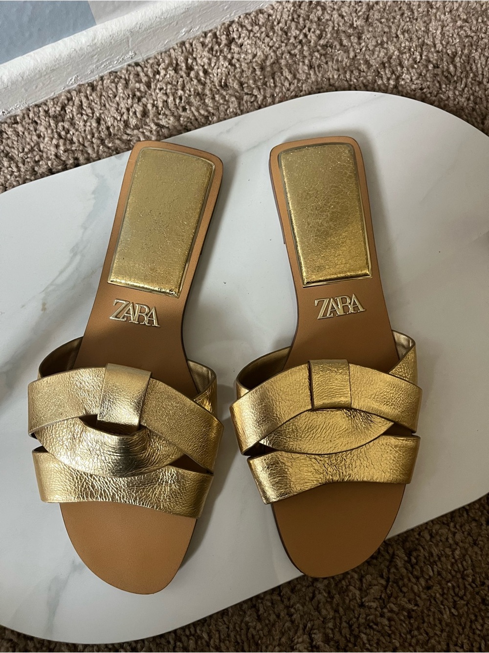 ZARA Metallic Gold Braided Slide Sandals